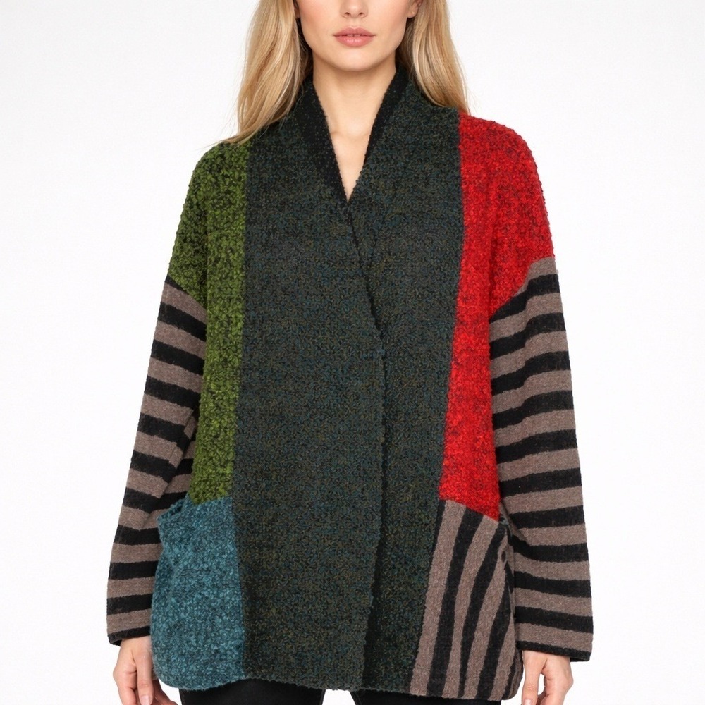 Alembika Colorblock Boucle Knit Wool Blend Lagenlook Cardigan Oversized SZ Small